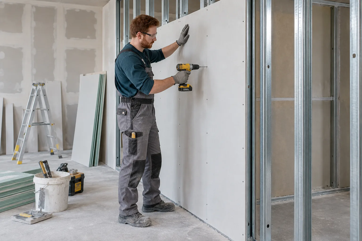 Kişi alçıpan ustası metal karkasa gipskarton panel bərkidir