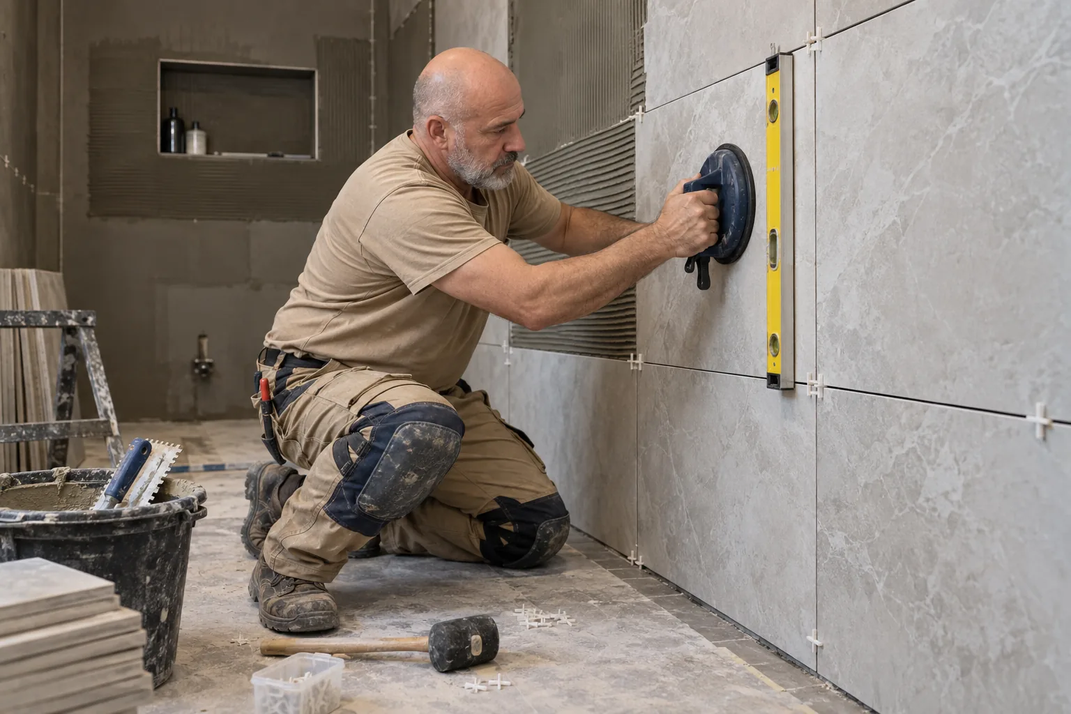 Kişi kafel-metlax ustası hamam divarına iri ölçülü plitə quraşdırır