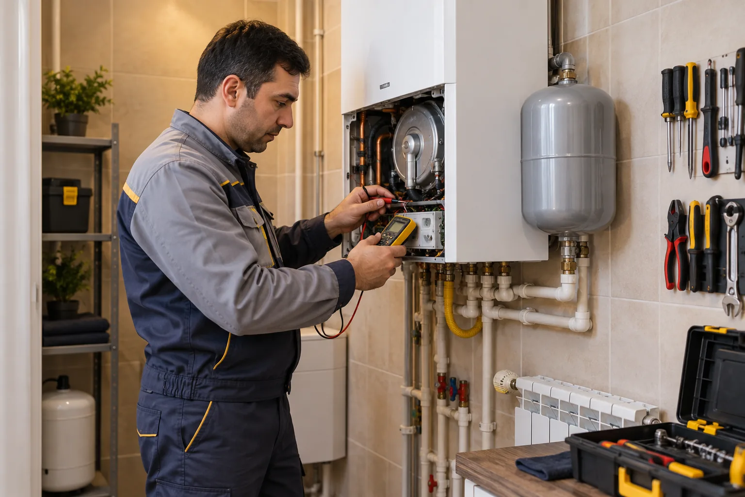 Kişi kombi ustası divara quraşdırılmış kombinin elektron hissəsini diaqnostika edir